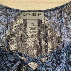 Catherines Navy and Charcoal Leaf Print Blouse
